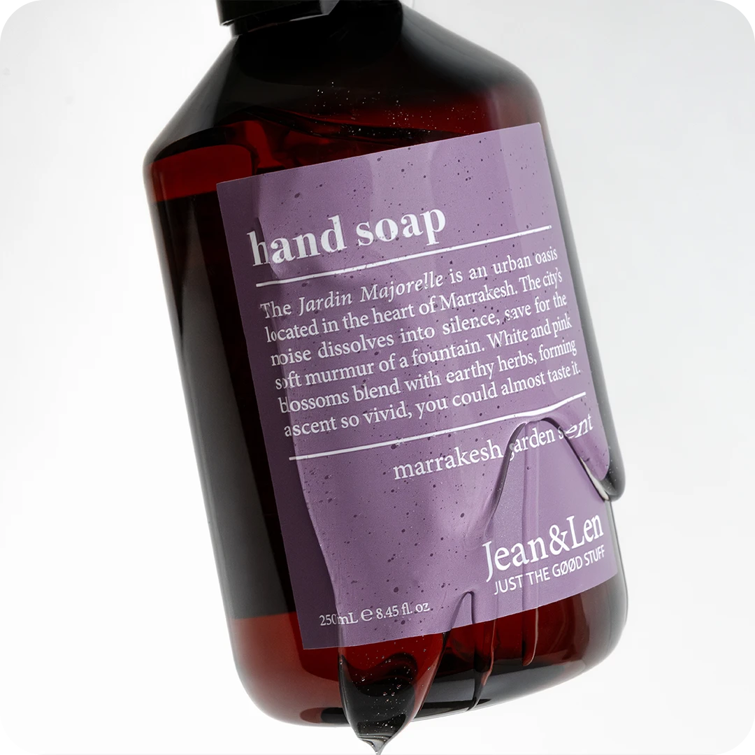 Jean&Len hand soap bottle with minimalist label design, showcasing vegan personal care with premium fragrance